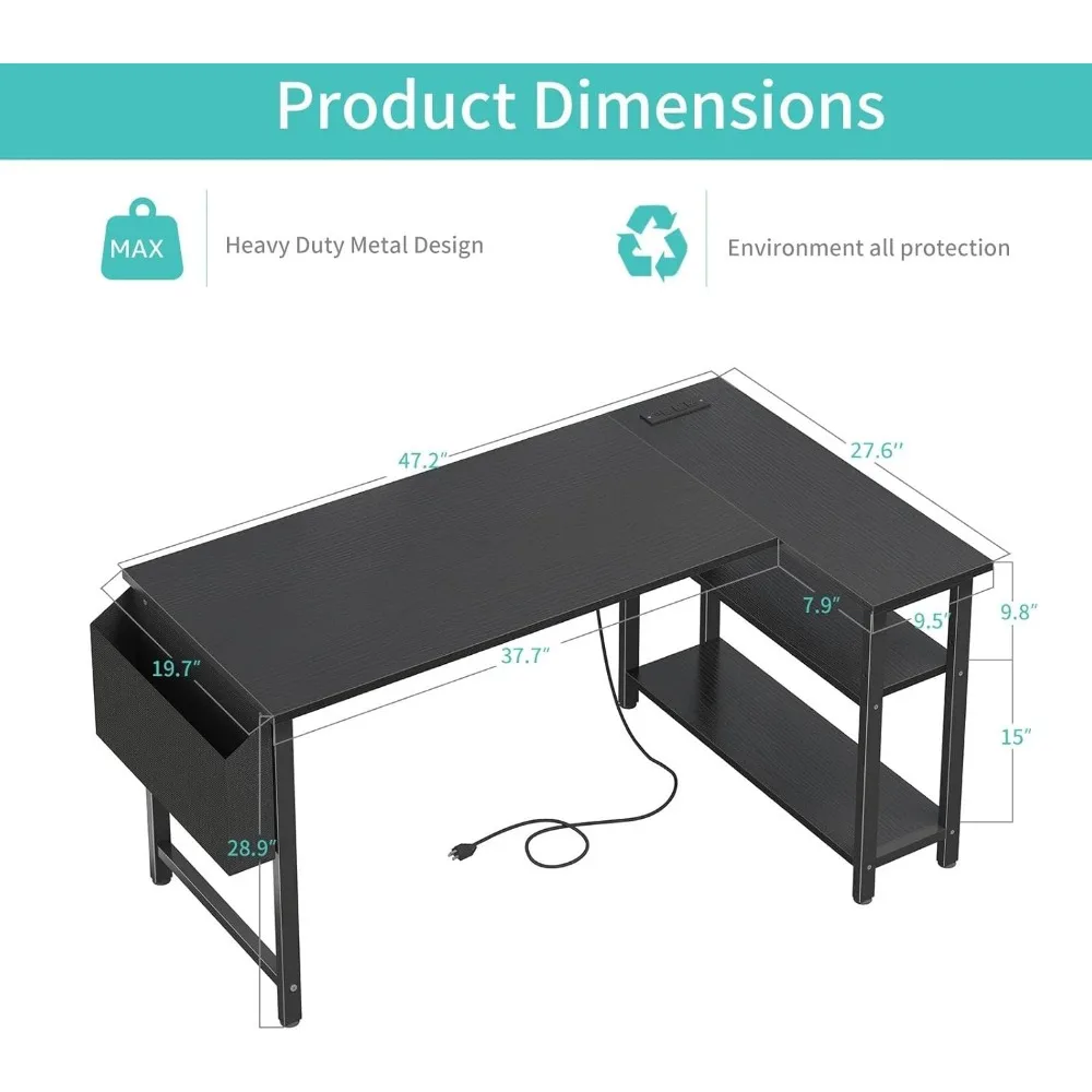 L-Shaped Computer Desk 47 Inch for Home Office, Corner Study Writing Desk with Power Outlet Shelves, Bedroom Office Furniture