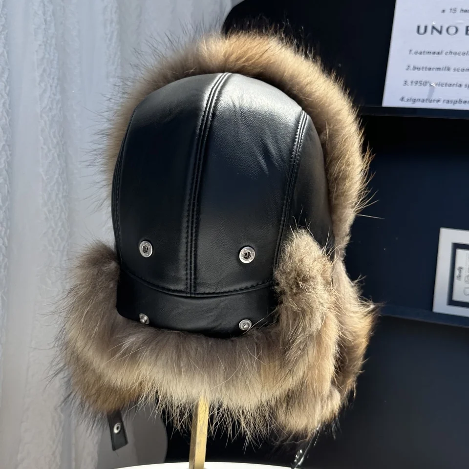 New 100% Genuine Fox Fur Ear-Protecting Hat Men Real Raccoon Fur Hat Women Winter Warm Fur Real Sheep Leather Snow Hat
