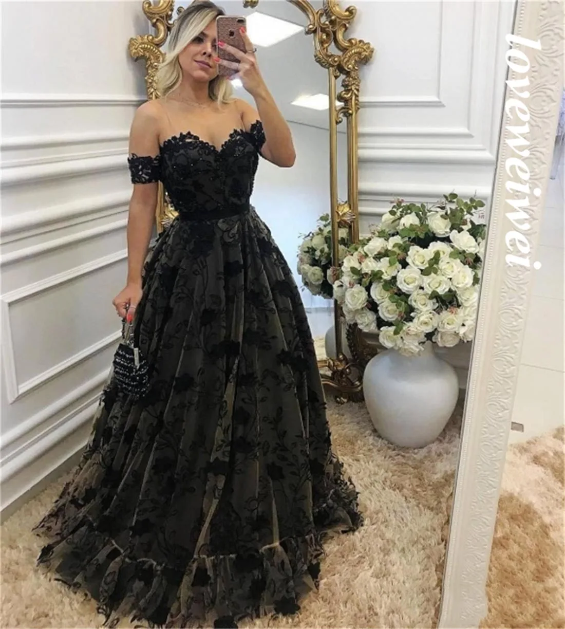 Gotische schwarze Schatz Ballkleider für Frauen von der Schulter a-Linie Abendkleid Spitze formelle Party kleider Robe de Soirée