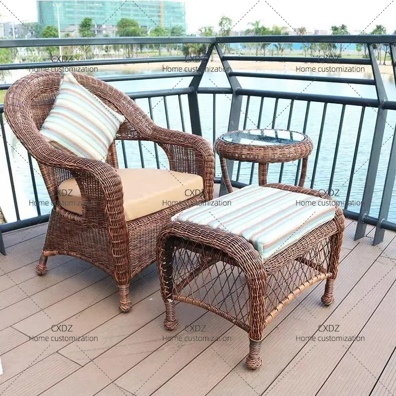 Outdoor Balcony Rattan Tea Table and 2 Chairs Set New Chinese Style Leisure Patio Furniture Three Piece Anti Weather Wicker