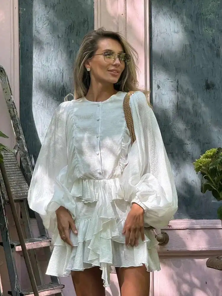 Irregular babados borda botões lanterna manga vestido feminino chique plissado chiffon o pescoço mini vestidos senhora high street vestidos lla8