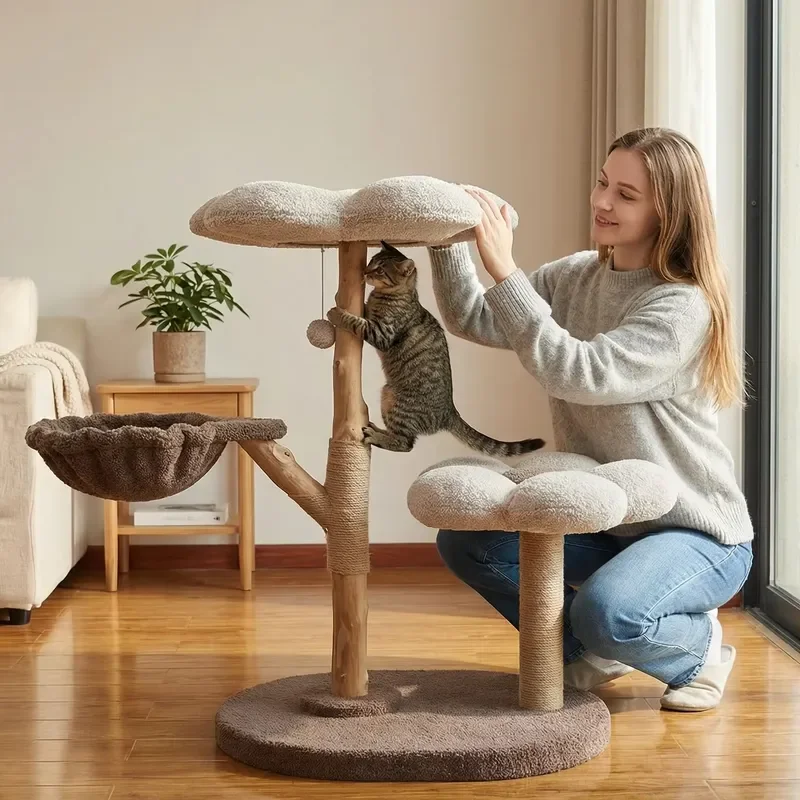 Classic Interactive Cat Tree Natural Solid Wood Flower Shape Fruit Trunk Design Indoor Use Kittens Carton Packed Shengze MR49