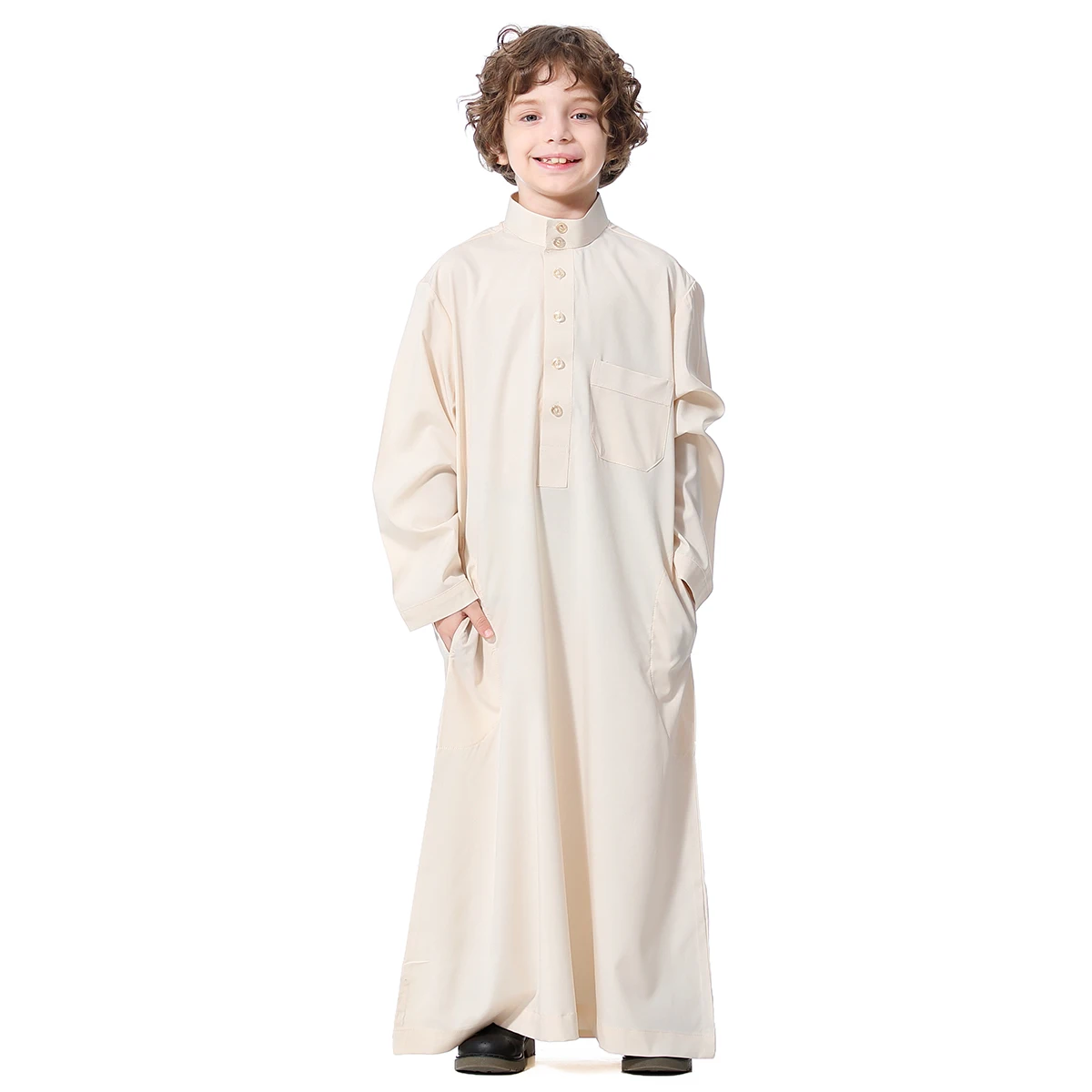 2024 Fashion Solid Baby Boys Thobe Muslim Clothes Long Islamic Dress Saudi Arabia Dubai Abayas Teen Kids TH877