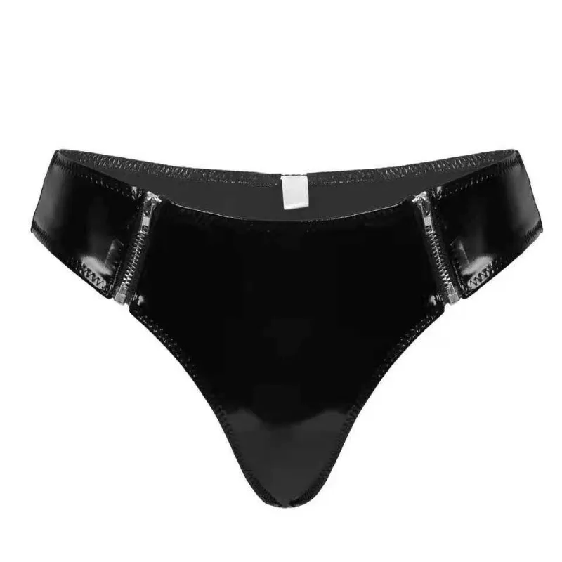Red Shiny Patent Leather Low Waist Sexy Thong Zipper Faux Latex Mirror Leather Underwear Hip Enhancing Soft Comfortable Breathab view 5