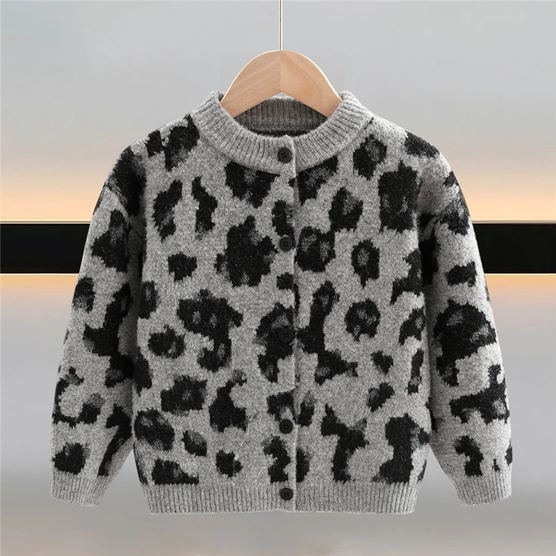 

2025 New Arrival Kids Leopard Pattern Print Cardigan for Baby Girls Fashion Knitwear Toddler Child Elegant Sweater with Button