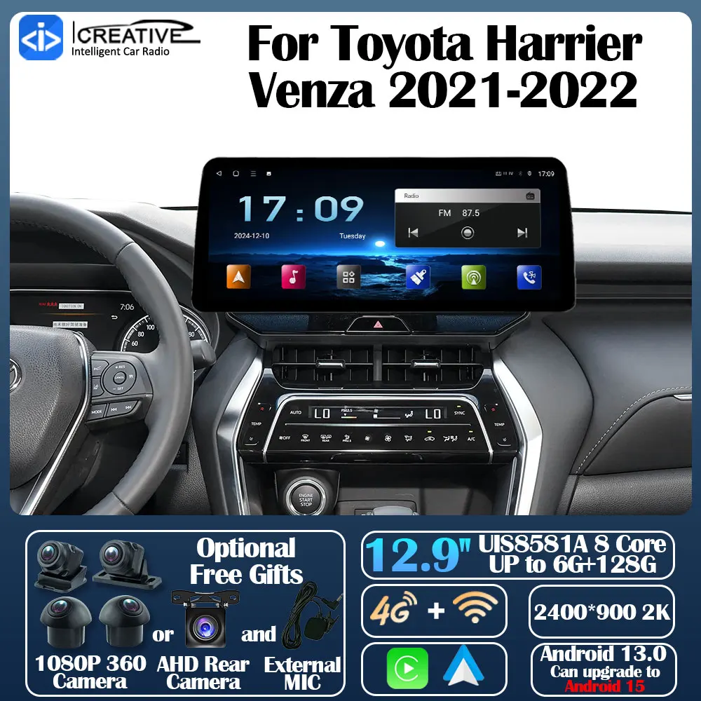 Android 13 Ultra-thin Screen Car Radio For Toyota Harrier Venza 2021-2022 Carplay Auto Multimedia Stereo 360 Camera GPS Navi 5G