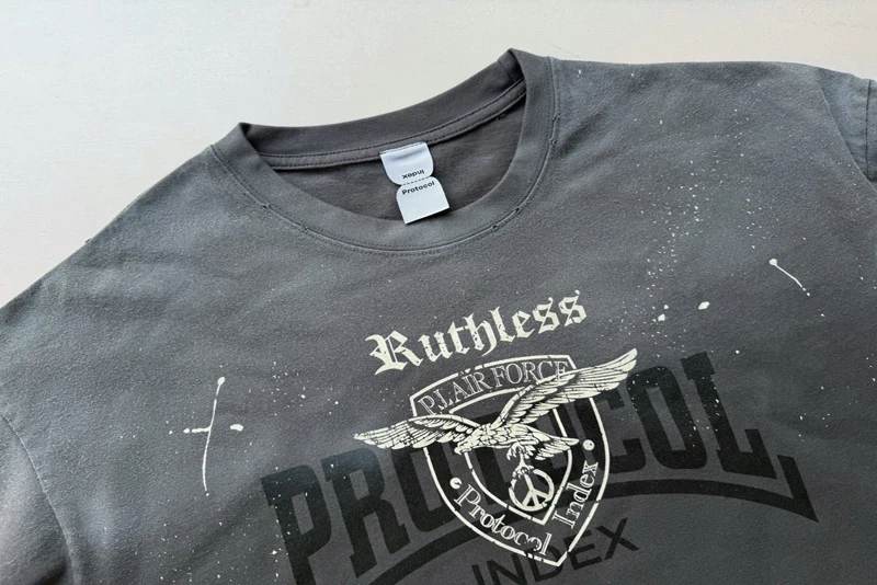 Splashed Ink Washed Hole Damaged Protocol Tops Eagle Print Men Women High Quality Round Neck Long Sleeve T-shirts
