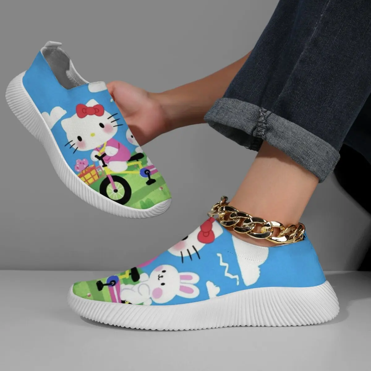 

Cute Cartoon Rabbit Hello Kitty Slip-On Sneakers for Kids Spring Women's Flat Shoes Breathable Sneakers Ladies Round Toe Loafers
