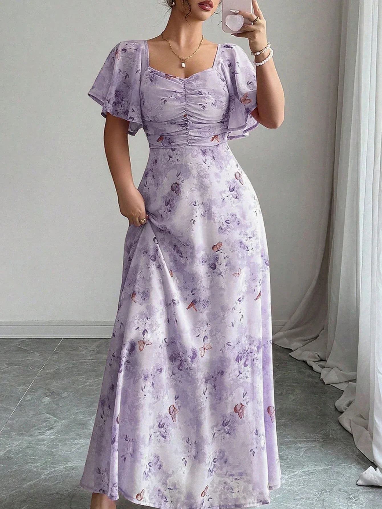 

Women Chiffon Butterfly Print Batwing Sleeve Square Neck Ruched Maxi Dress Summer