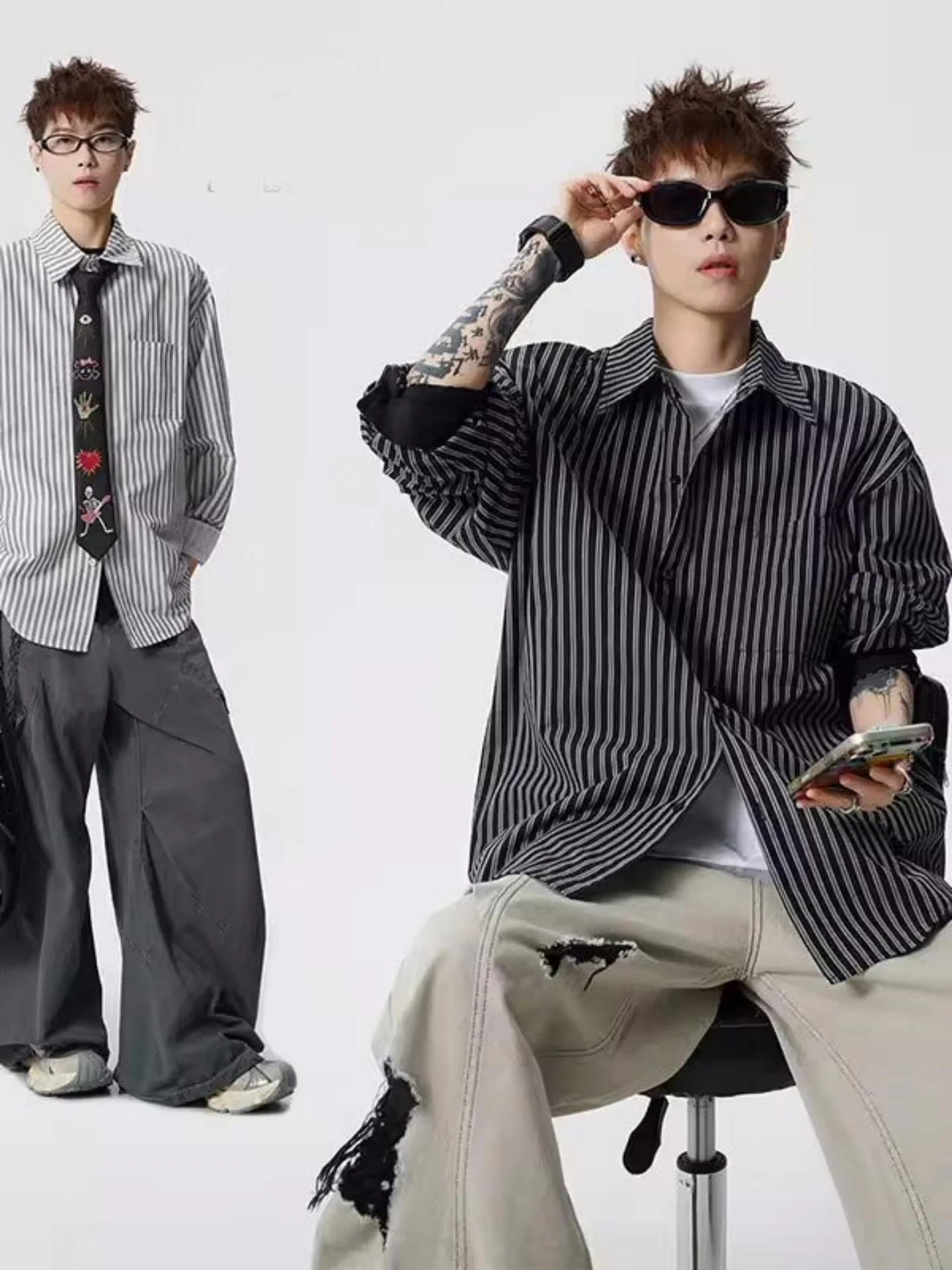 

American Retro Long Sve irt Men's Spring Striped Patchwork Design Versatile Commuting Loose Casual Top