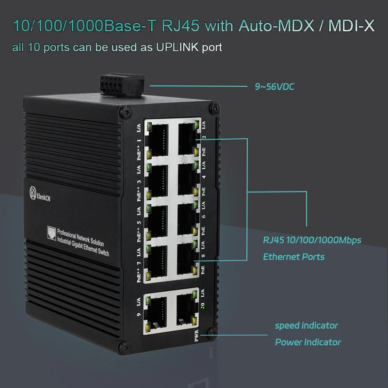 Industrial 10 Ports Gigabit Ethernet Switch Hardened 10RJ45 (PoE) 30W/60W/90W/ Din Rail Unmanaged Small Network Fiber Switch