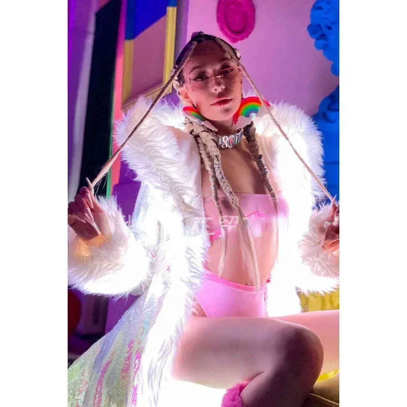 Carnival Party LED Long Coat Women Fur Sequins Luminous Light Up Clothing Rave Outfit Warm Jacket Circus Show Stage Wear 2024