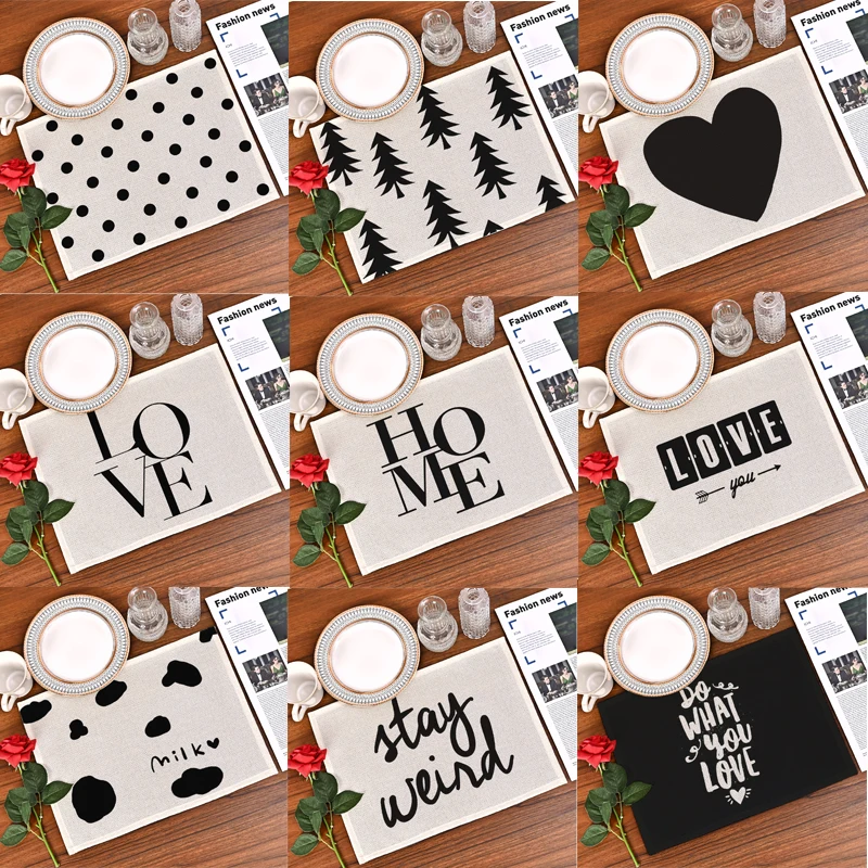 New Black And White Letters Kitchen Decor Placemat Table Mat Tableware Pad Drink Coaster Cotton Linen Cup Dinner Table cloth Mat