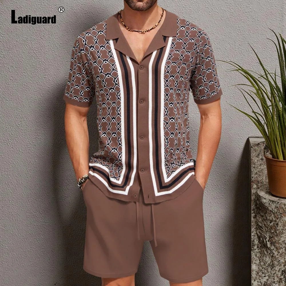 Mens Casual Knitted Two Piece Sets 2025 European Vintage 3D Print Shirts and Shorts Pants Co-ords Male Beach Tracksuits Set New