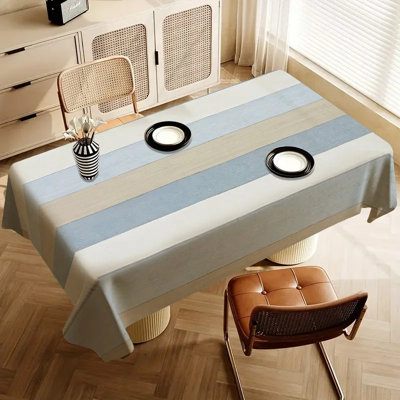 2D Flat Tablecloth - 1 piece - Soft, fashionable and beautiful blue, white and beige striped tablecloth.