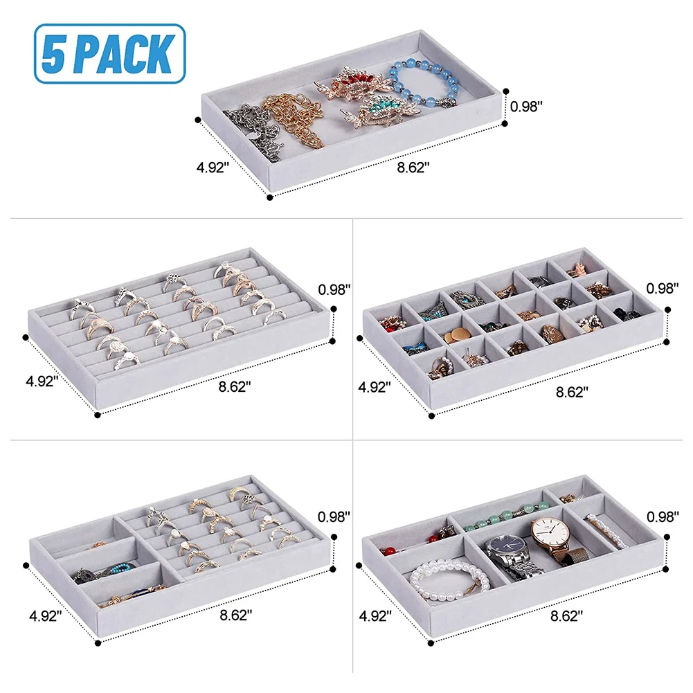 

B18B Jewelry Organizer Tray, 5 Pcs Stackable Velvet Jewelry Organizer for Drawer, Jewelry Storage Display Trays Showcase