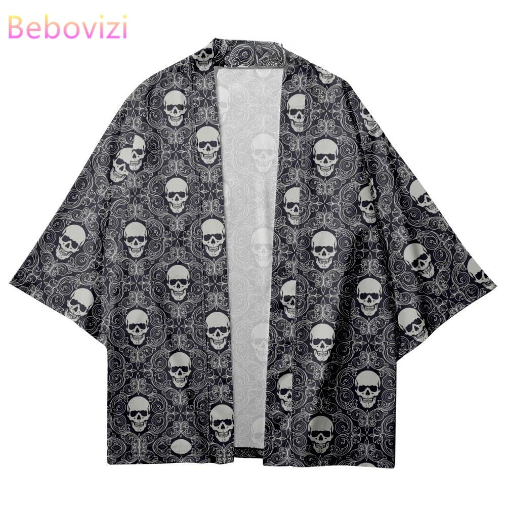 

Plus Size 5XL 6XL Japanese Traditional Skeleton Print Kimono Cosplay Samurai Haori Obi Women Men Cardigan Beach Yukata Clothes