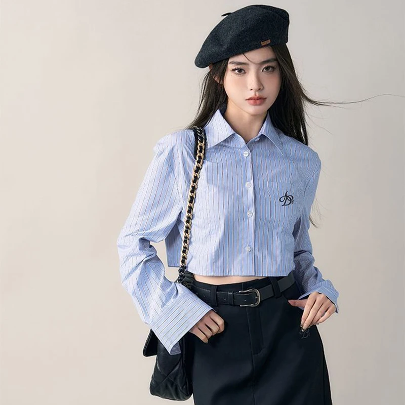 Embroidered Blue Striped Shirt Women Single-Breasted Turn-Down Collar Long Sleeve Sexy Cropped Tops High Street Classic Blouses