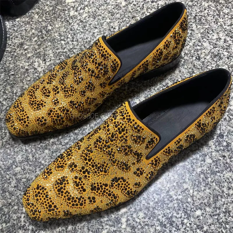 

Yellow Rhinestones Decor Men's Shoes Elegant Pointed Toe Loafers Brand Design Shoes New Fashion Handmade Casual Big Male Size 48