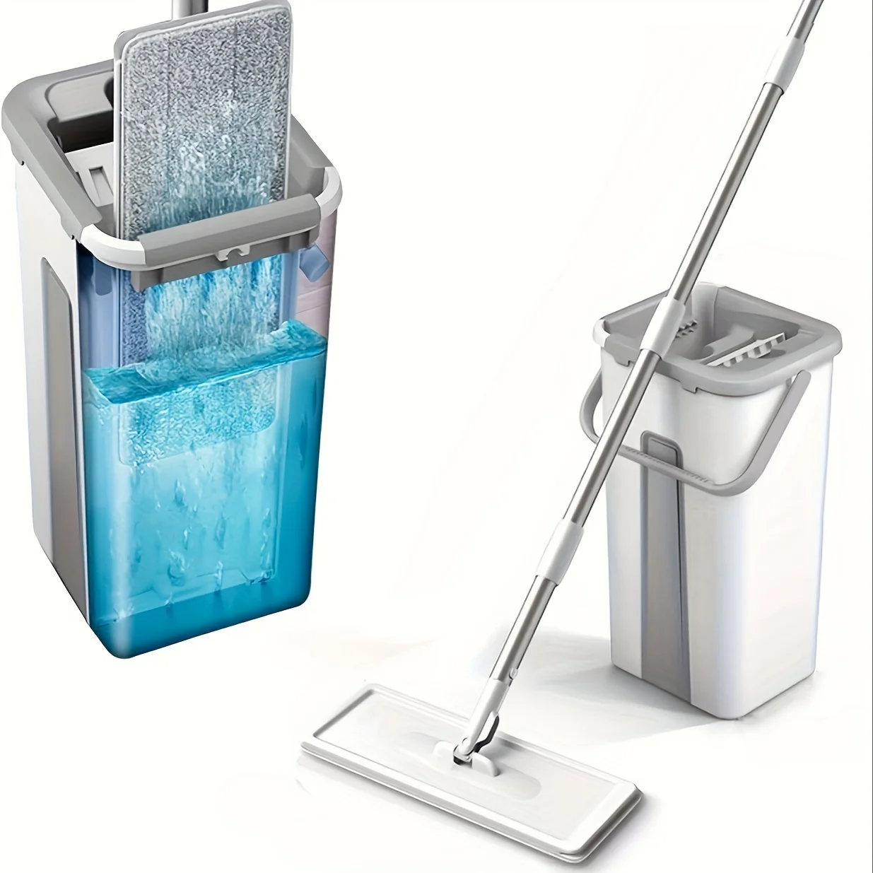 Mop And Bucket With Wringer Set, Hands-Free Wash Flat Floor Mop And Bucket, With 1/3 Replaceable Microfiber Pads,Wet And Dry Use