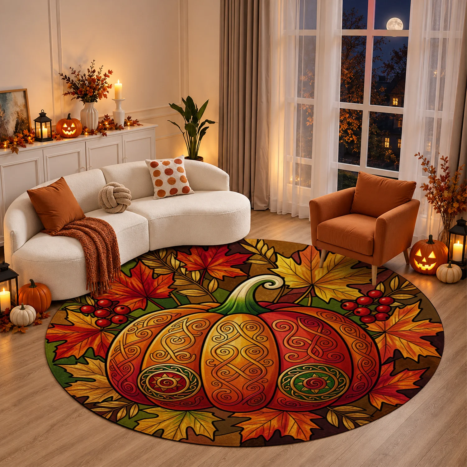 Stained Glass Autumn Pumpkin Maple Leaf Pattern Velvet Area Rug, Machine Washable, Suitable for Entryway, Living Room, Kitchen, Ideal for Halloween, Thanksgiving, Christmas, New Year Holiday Decor