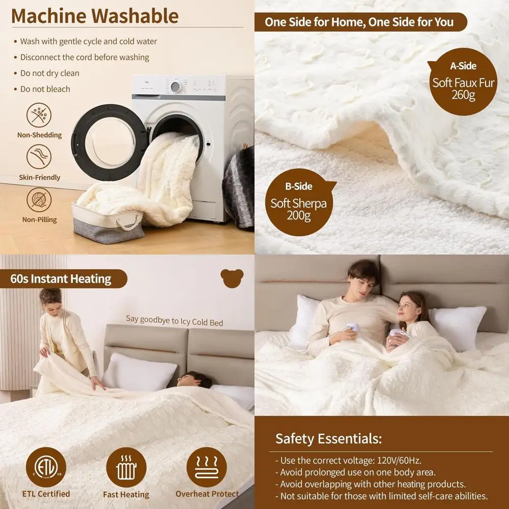 

King Size 100 x 90 Electric Blanket with Dual Controls, 10 Heat Levels, Auto-Off, Machine Washable, Plush Sherpa & Floral Print