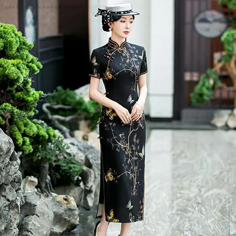 

Butterfly Jacquard Black Cheongsam Women Sexy Elegant Qipao Chinese Tradition Dress Evening Party Vestidos Big Size 3XL 4XL