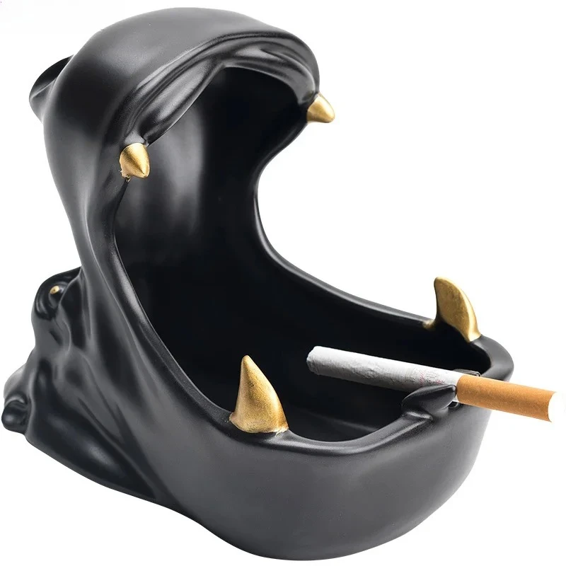 Creative Black Hippo Head Ashtray Cute Animal Large-capacity Anti-ash Ceramic Ashtray Car Home Modern Decor Gift for Boyfriend