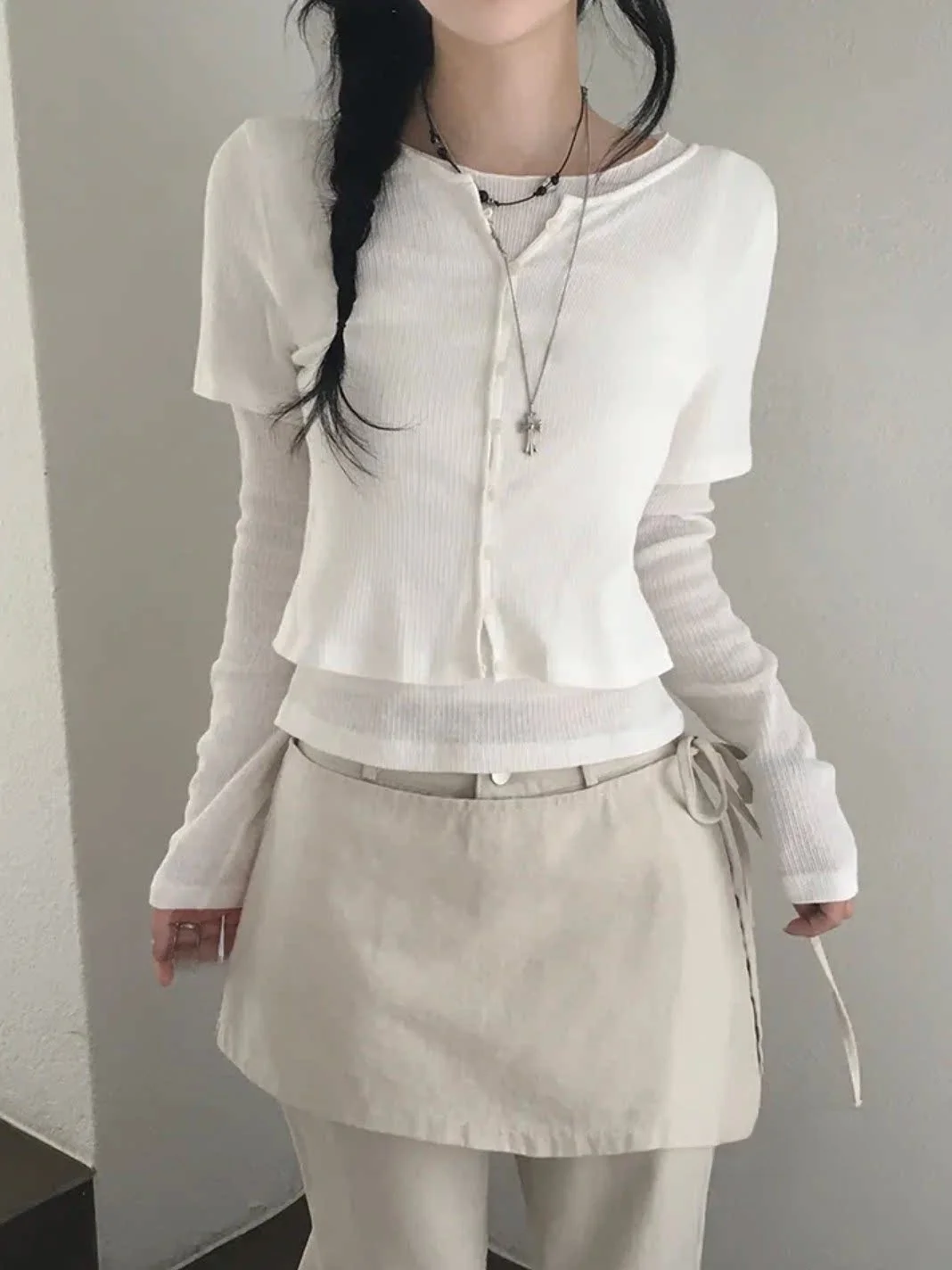 Slimming Effect Korean Style Long Sleeve T-Shirt Set Casual round Neck Patchwork Button up Top And Bottom Ensemble for Women