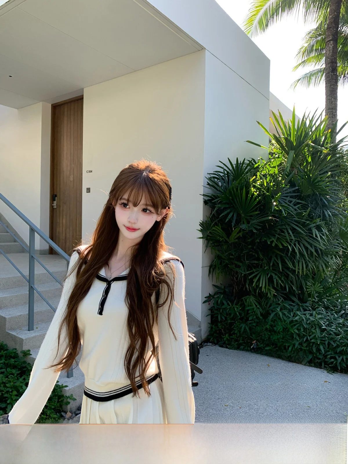 

ThePeachOfficial Korean Drama Lead Role College Style Color Block Knitted Sweater Skirt Set Navy Collar Long Sleeve Women's E...