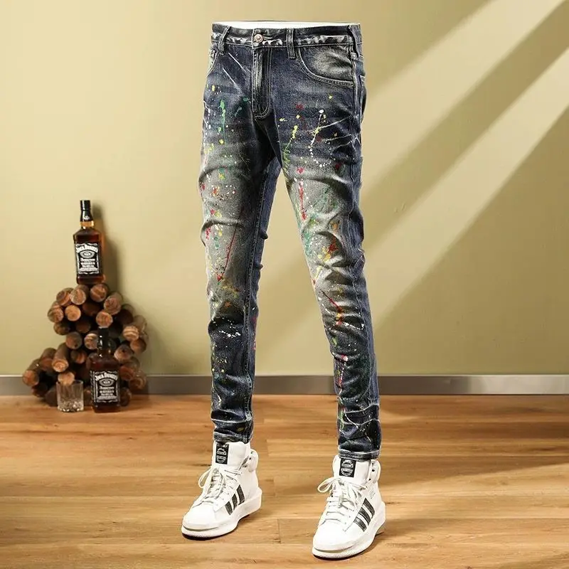 European and American high quality jeans men's personality splash ink autumn stretch leggings retro nostalgic pants