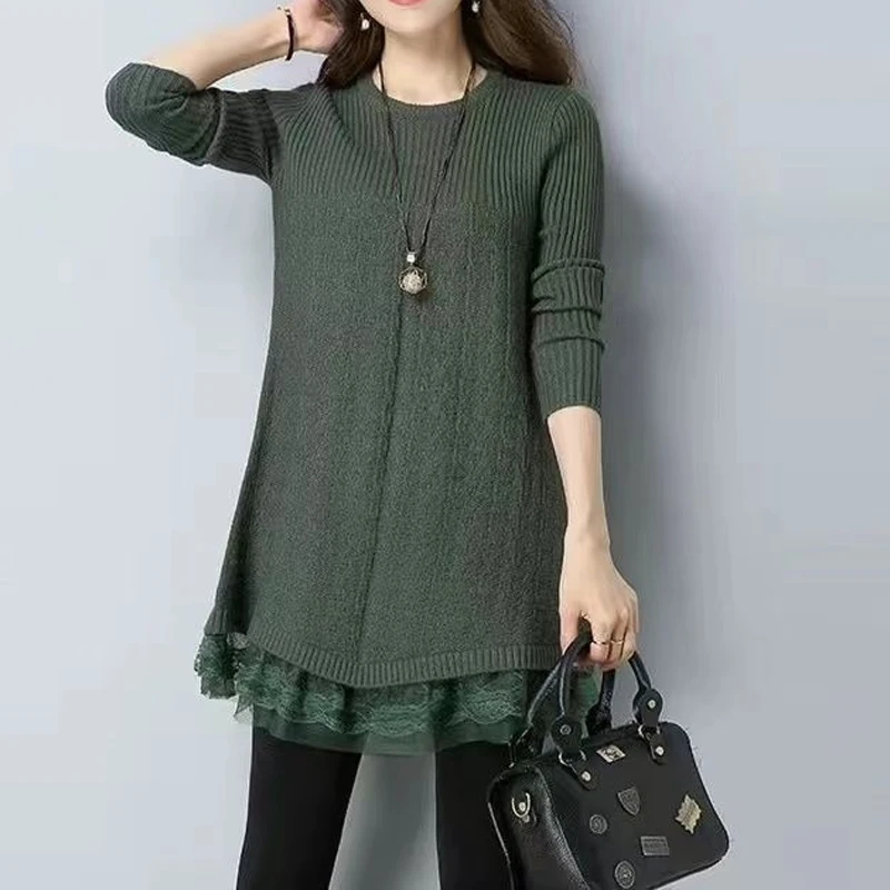 Autumn New Lace Patchwork Sweaters Solid Color Loose Long Sleeve O-neck Loose Knitting Pullovers Fashion Vintage Women Clothing