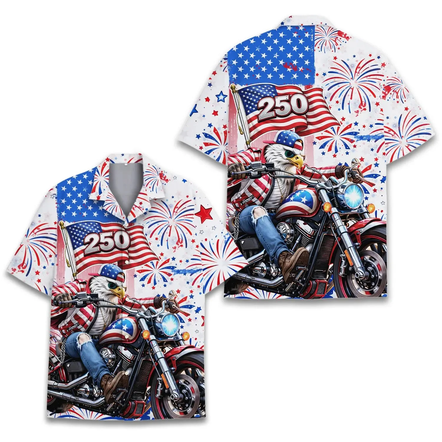 Camisa Hawaiana Patriótica 250 Años de Libertad 1776-2026 con Águila y Campana de la Libertad para el 4 de Julio, Camisa Aloha para Hombre y Mujer