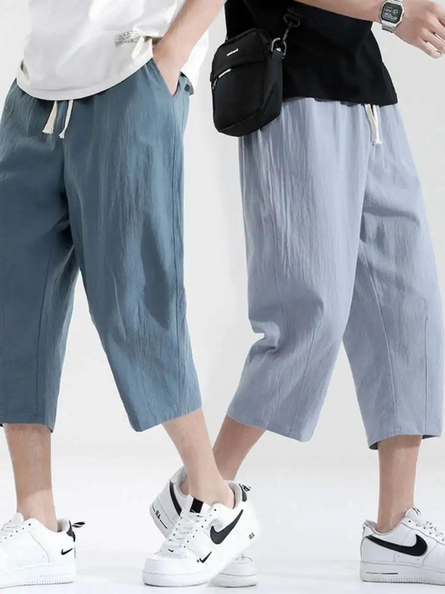

Men's Casual Cotton Linen Seven-Foot Pants Summer Thin Loose Korean Sle Large Size Leisure Men's Wear Trousers with kets