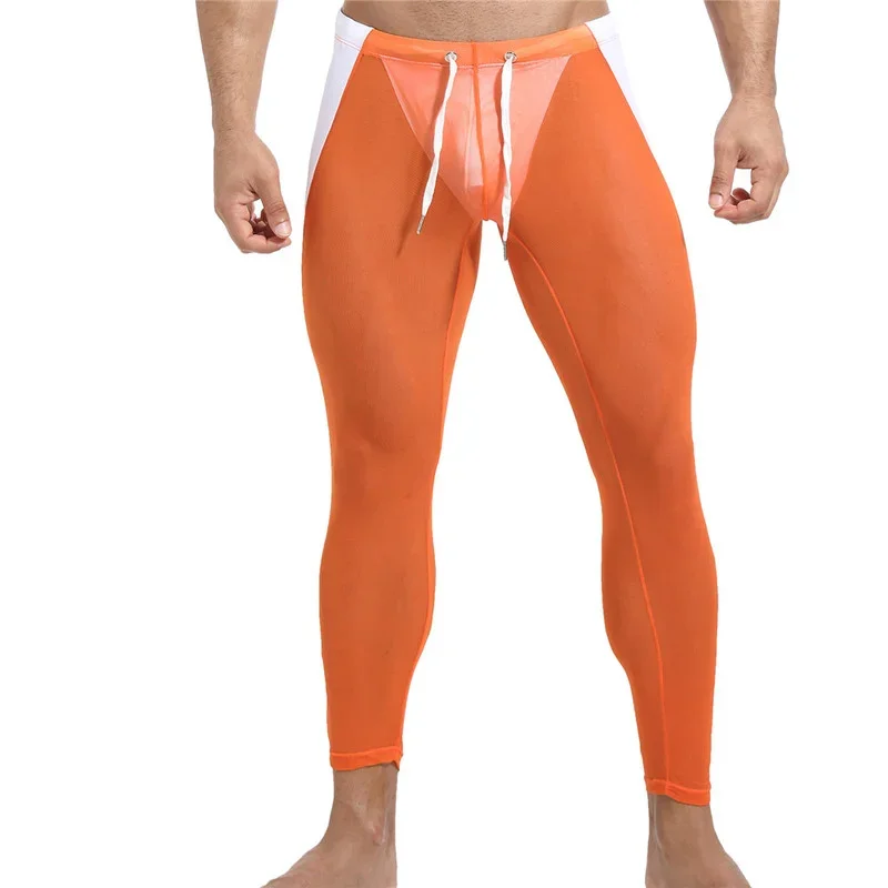 Pantalones largos de malla para hombre, ropa interior Sexy transparente, lencería transpirable, Leggings para dormir en casa, pantalones de pijama