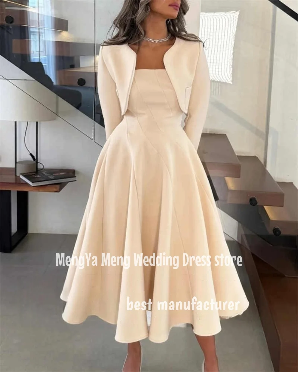 ZHUISHU Abiti da sera semplici a linea A con giacca Colletto quadrato Collo a metà polpaccio Abito da festa di nozze Cerniera posteriore Personalizzato