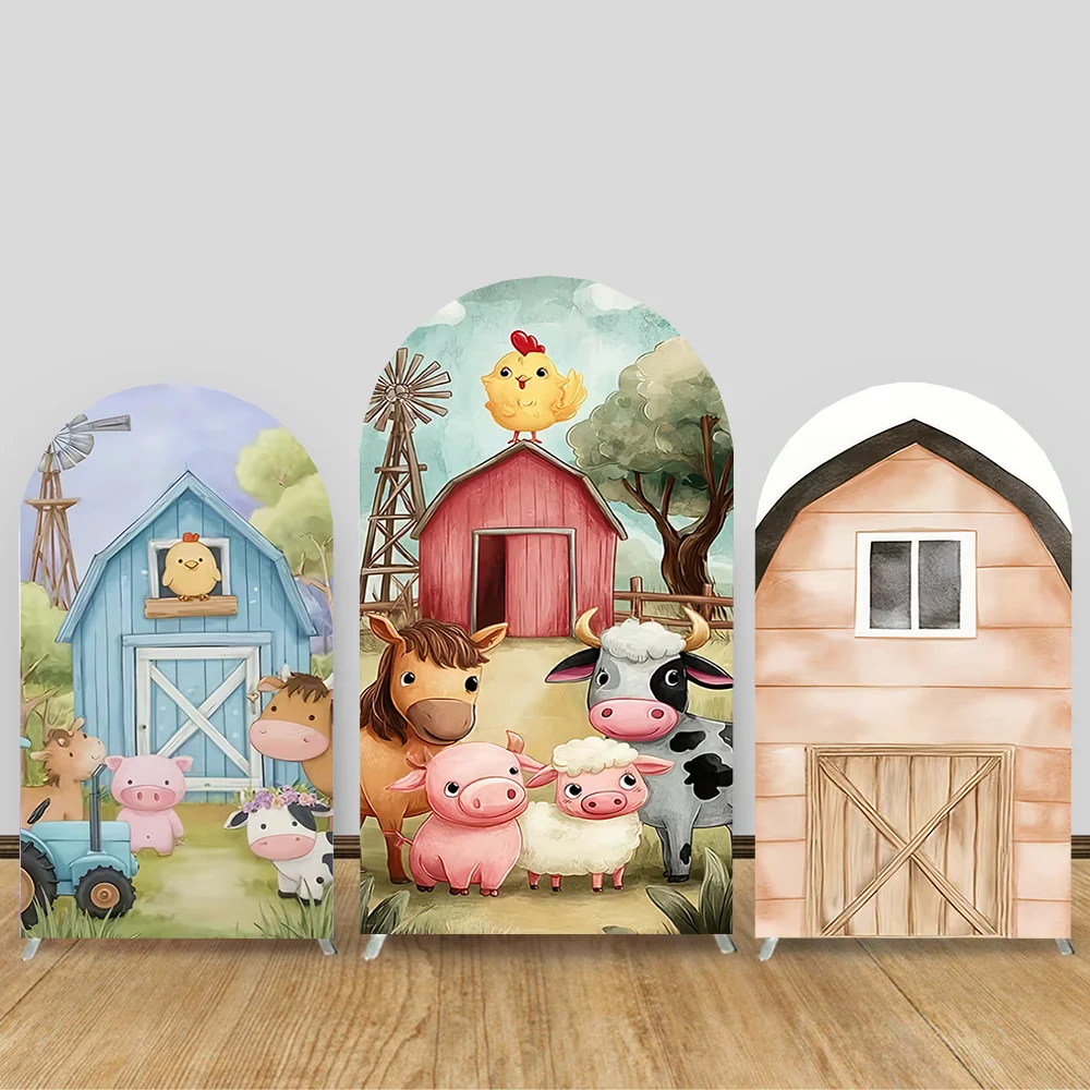

Farm Animal Arch Cover Backdrop Watercolor Barn Windmill Pink Blue Background 1st Birthday Kids Baby Shower Photobooth