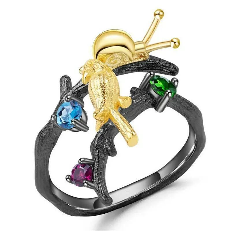 New Black Gold Branch Gold Bird And Snail Blue Zircon Ring Marriage Gift Size 6-10