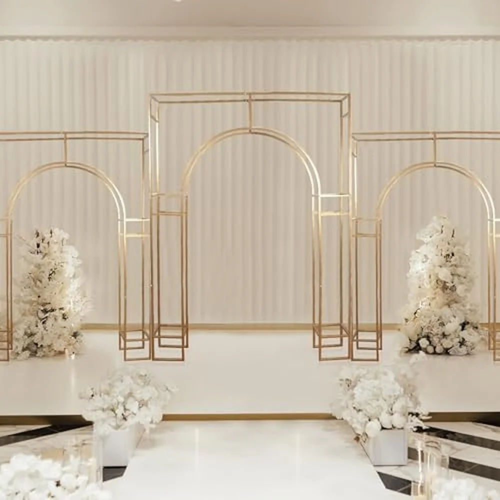 Efavormart 7ft Arc de Triomphe Style 3D Gold Metal Wedding Arch Heavy Duty Rectangular Backdrop Stand for Immersive