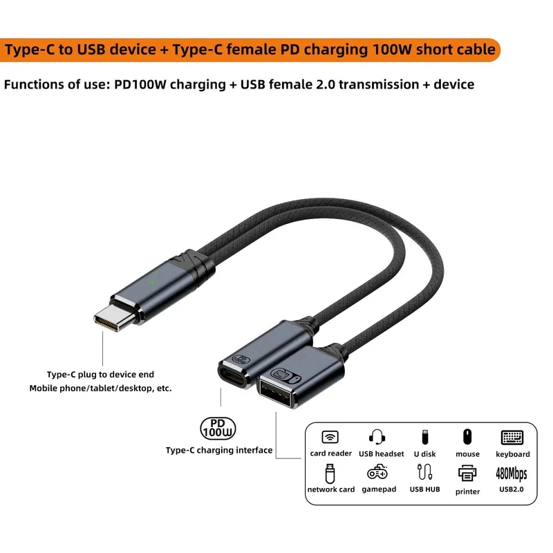 كابل USB C OTG 2 في 1 من النوع C إلى USB A مع منفذ شحن PD لهاتف Samsung Huawei Xiaomi والكمبيوتر المحمول والكمبيوتر اللوحي