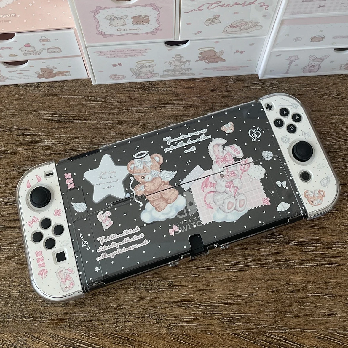 Rabbit Bear Split Case for Nintendo Switch 2 OLED Lite Transparent Case Joy-Con Controller Cases Dock Cover Portable Storage Bag