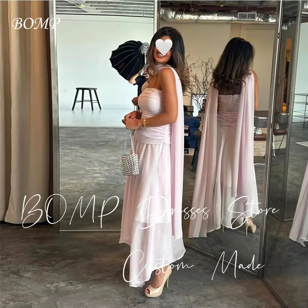 

BOMP Elegant Pink Wedding Party Dress with Scarf Strapless Pleat A-Line Draped Chiffon Formal Evening Dresses Customized فساتين
