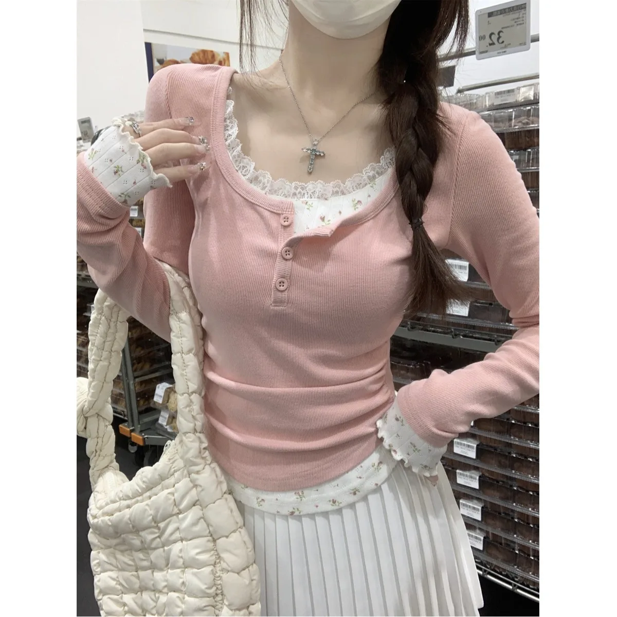 Sweet Gyaru Lace  U Collar Small Floral Long sleeves Shirt Women Spring 2025 New Slim fit Inner wear Bottoming Shirt Top