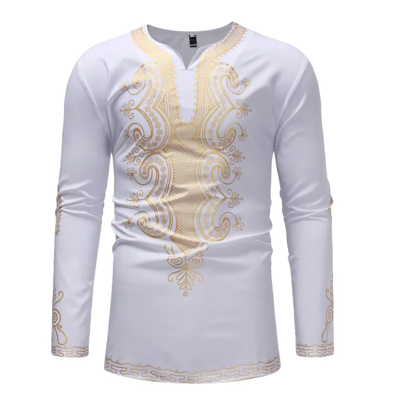 Men's African Long-Sleeved Shirt, Irregular Printing, Dashiki Fashion Tops, Muslim Traditional T-Shirt, Arab Clothing, Fall