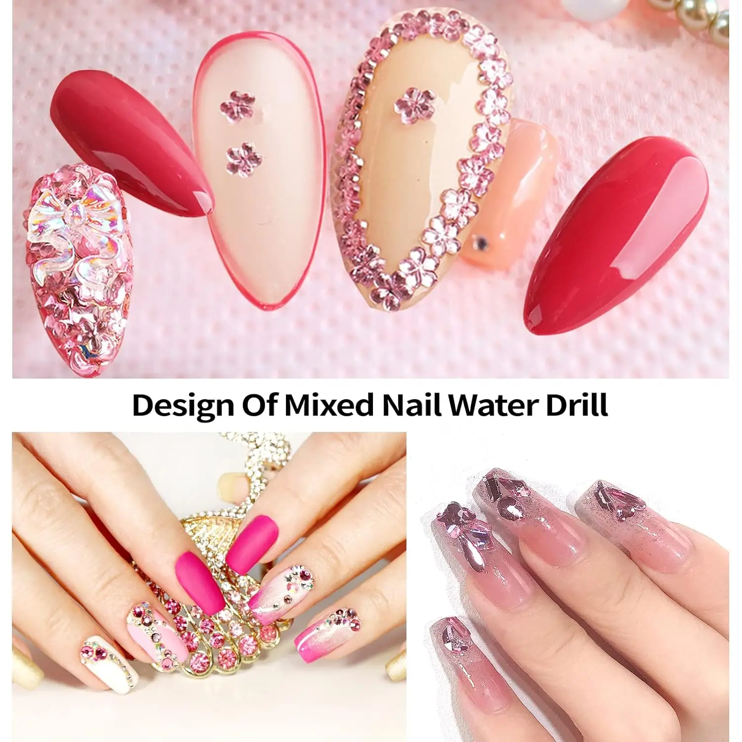 12Grids 3D Pink Mixed Nail Art Rhinestones(with Tools) Glitter Flatback Glass Diamond Gem Nails Charms DIY Manicure Decorations