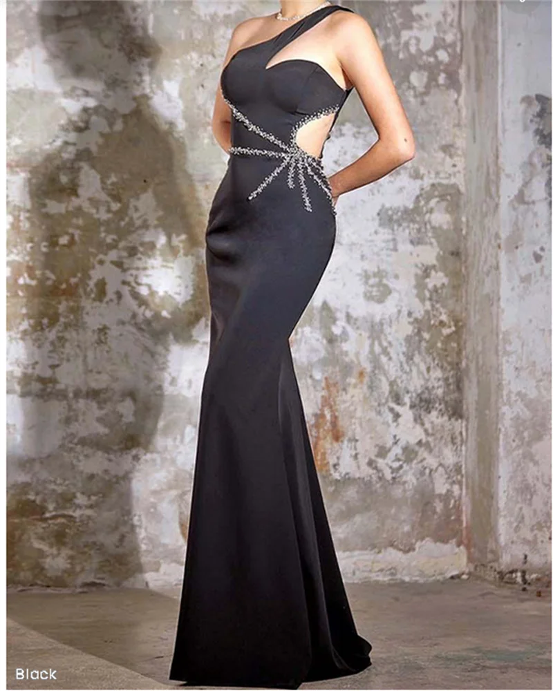 Black Evening Dress Luxury Womens Dresses Bedazzled Curve One-Shoulder Outcut On Waist Elastic Satin Prom Dresses Customized  ﻿