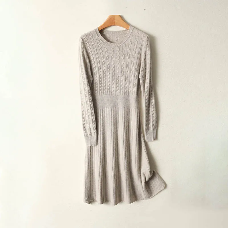 Smart Vintage Cable 2025 Women's Mid-Long Waist-Defining Dress 100% Merino Wool Warm Knit Sweater Dress Long Sleeve