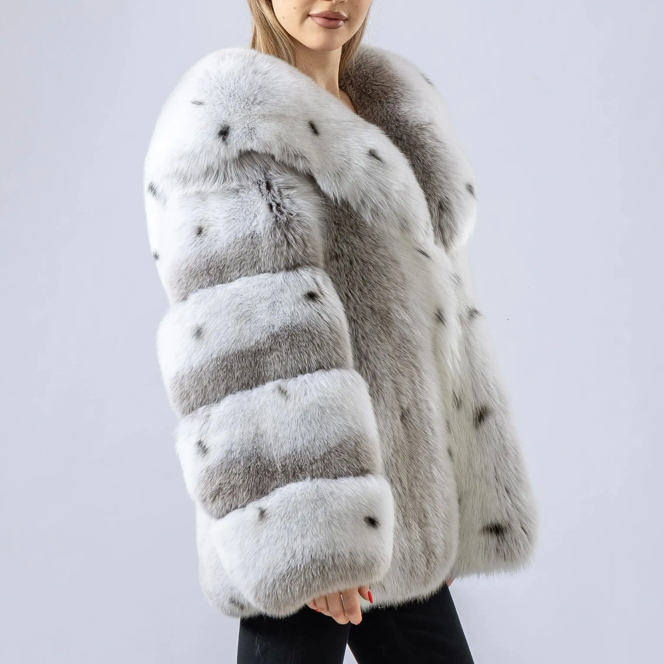 Sweet real fox fur coat with big turn down collar lynx color overcoat thick warm soft jacket length 64 cm 250461