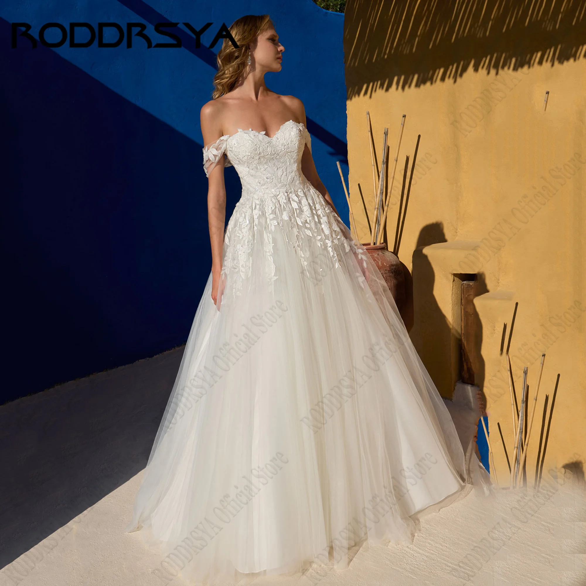 

RODDRSYA Lace Sweetheart Wedding Dress Off Shoulder Bride Gowns Applique A-Line Sweep Train Vestidos De Noiva Mariage Beach