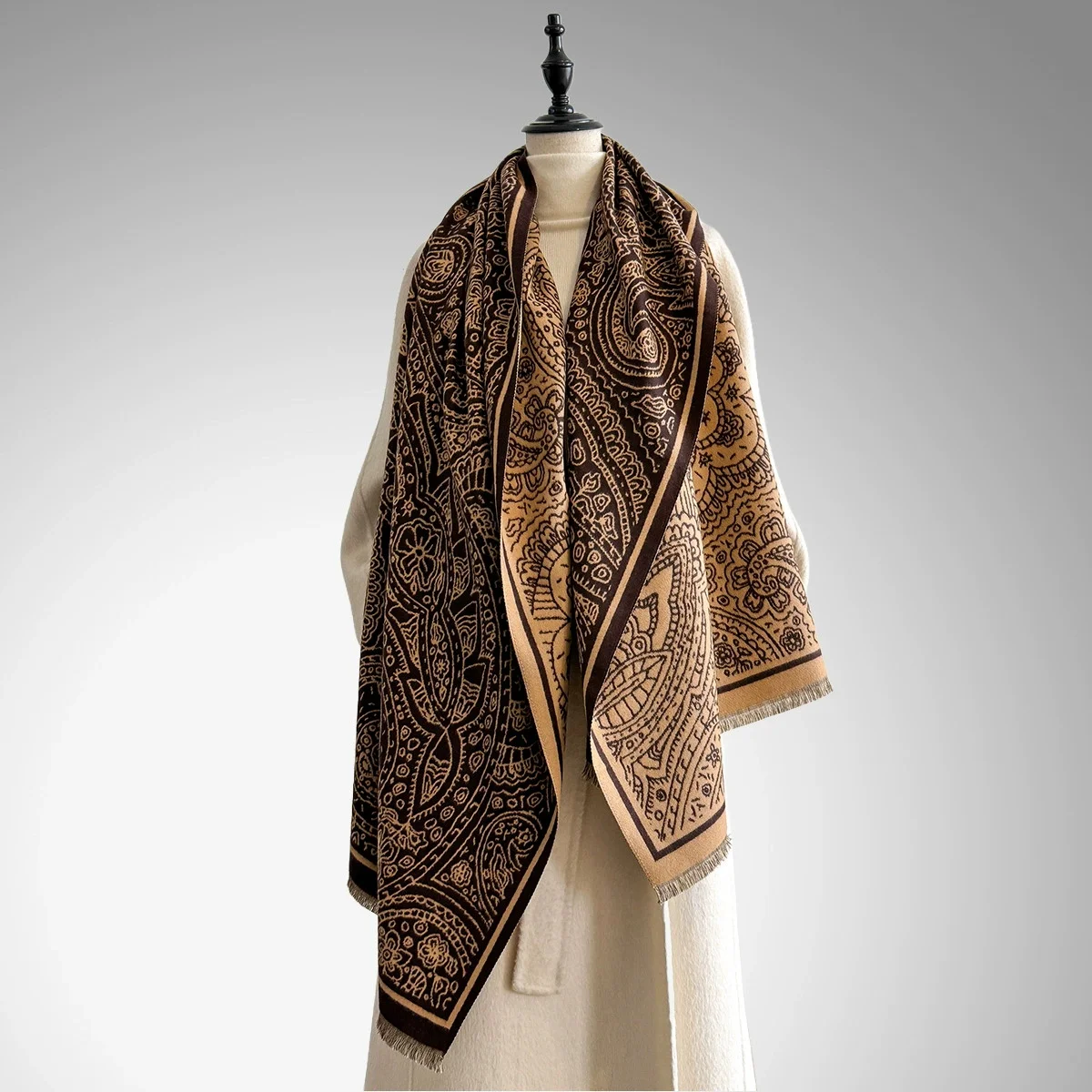 

Women's Winter Fashion Faux Cashmere Scarf Vintage Floral Print With Tassels Thick Warm Shawl Trendy Wrap For Cold Weather